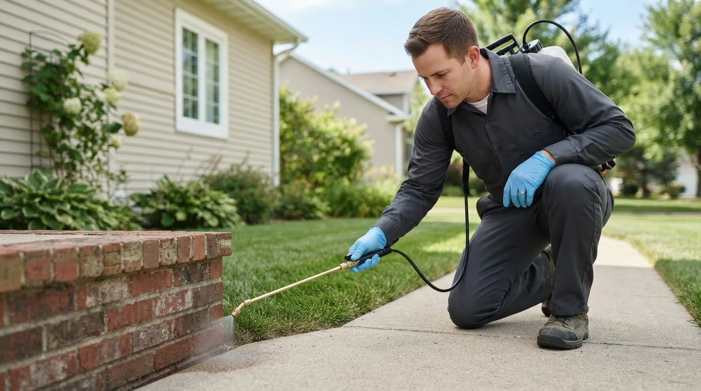 Pest control technician treating a home near Lanett, AL